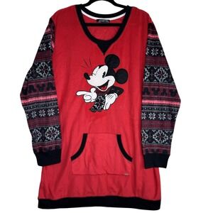 Disney Luxe Mickey Mouse Sweatshirt Womens 2X Red‎ Tunic Fair Isle Long Sleeve